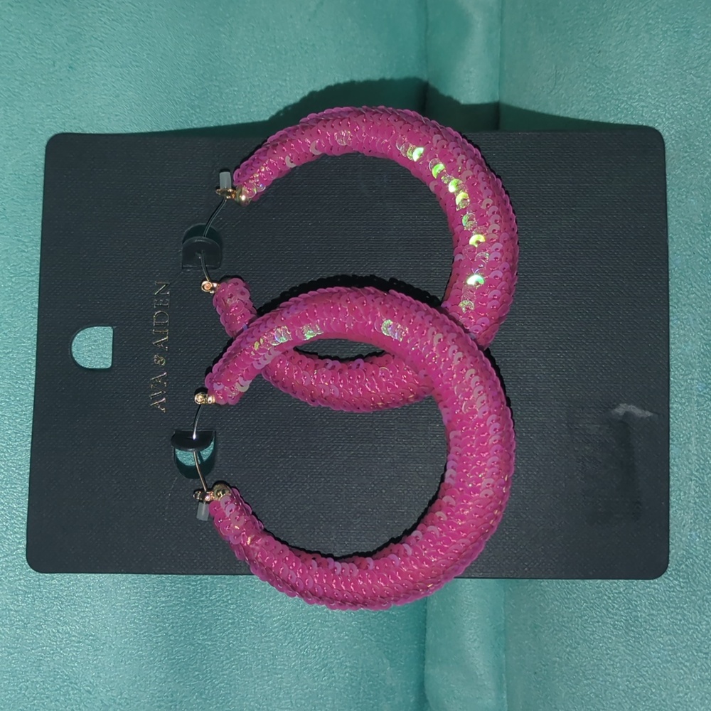 Pink Sequined Hoop Earrings | 2.5" Statement Hoops new